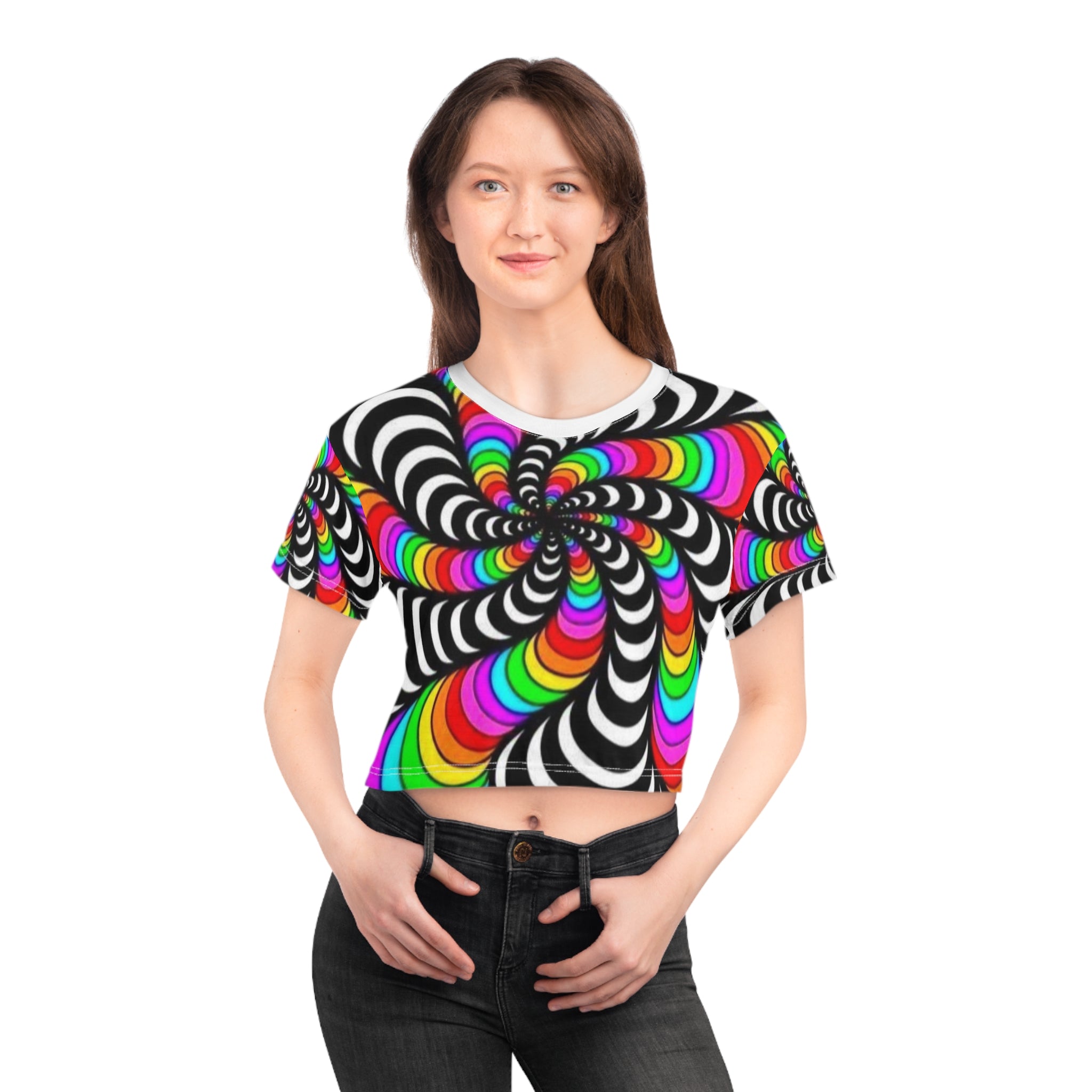 Vibrant Hypnotic Vortex Rave Crop Tee